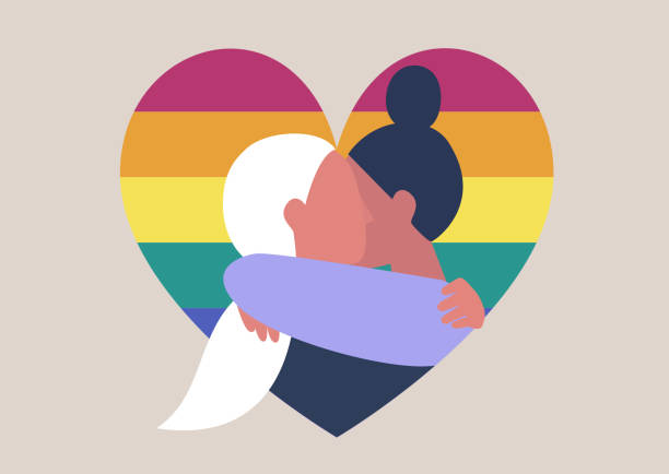 Σχέδιο με δύο άτομα (ένα με μακριά άσπρα μαλλιά και μαύρη μπλουζα, και ένα με μακριά μαυρα μαλλια πιασμενα επανω) να αγκαλιάζονται μέσα σε μια rainbow Καρδια